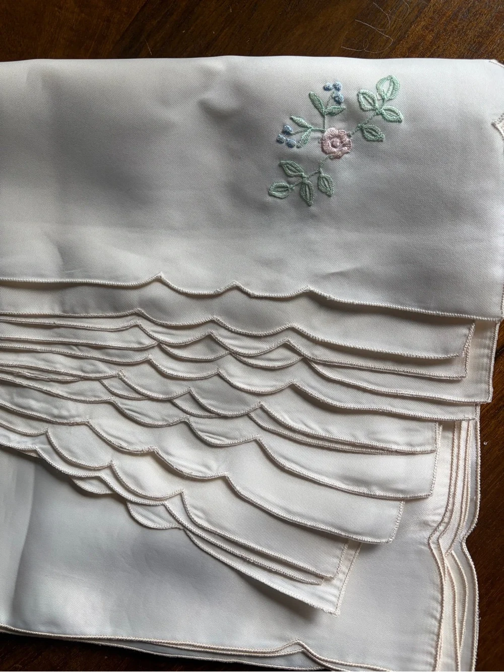 100% Silk Set of 12 Napkins Light Pink with Embroidered Flowers - Vietnamese